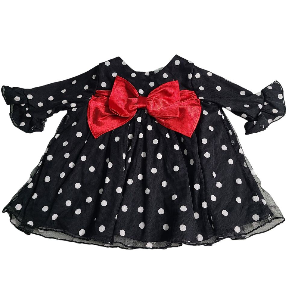Rare Editions Black & White Polka Dot & Red Bow Baby Girl Dress Top 18 M 2125